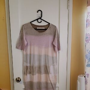 Raquel Allegra Striped Pastel Midi Dress in Pink and Taupe
